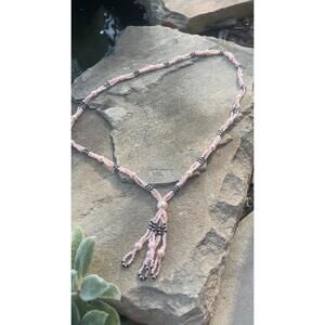 Beautiful Vintage Pink & Black Beads With Tassel Faux Pearl Necklace Y2K